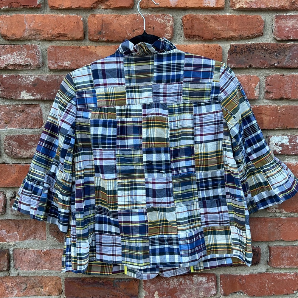 Vtg J. Crew Navy Patchwork Cropped Jacket Ruffle … - image 7